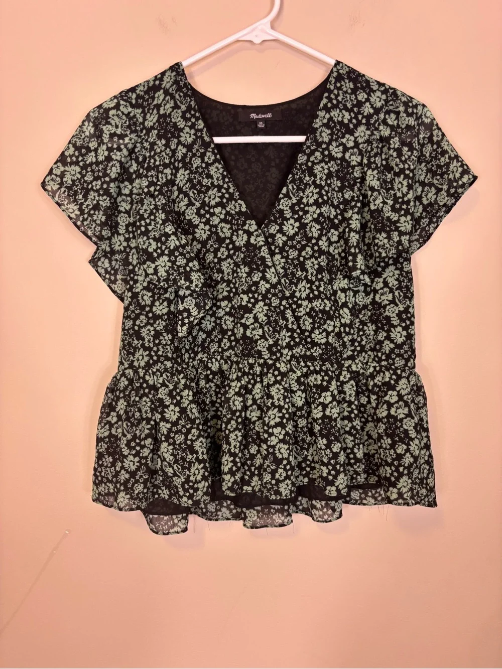 Madewell Black V-Neck Peplum Top with Mint Floral Print Blouse XS